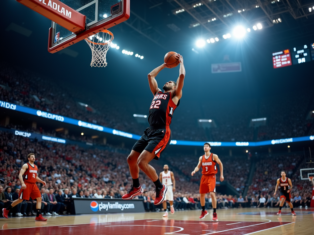 Bir basketbol maçında, oyuncunun sayı attığı anı yakalayan bir fotoğraf, top havada ve pota filesi hareketli.