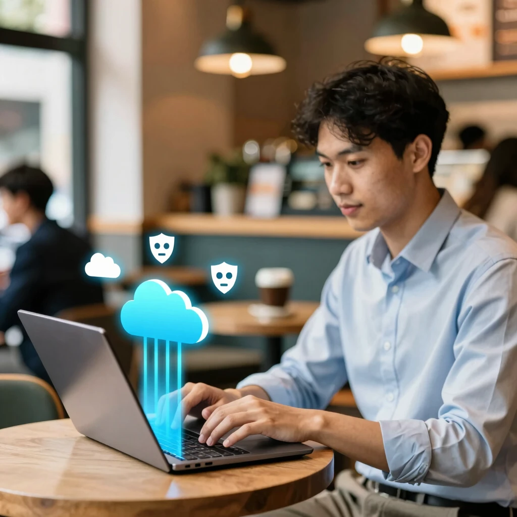 Kahve dükkanında VPN ile güvenli internet kullanan profesyonel