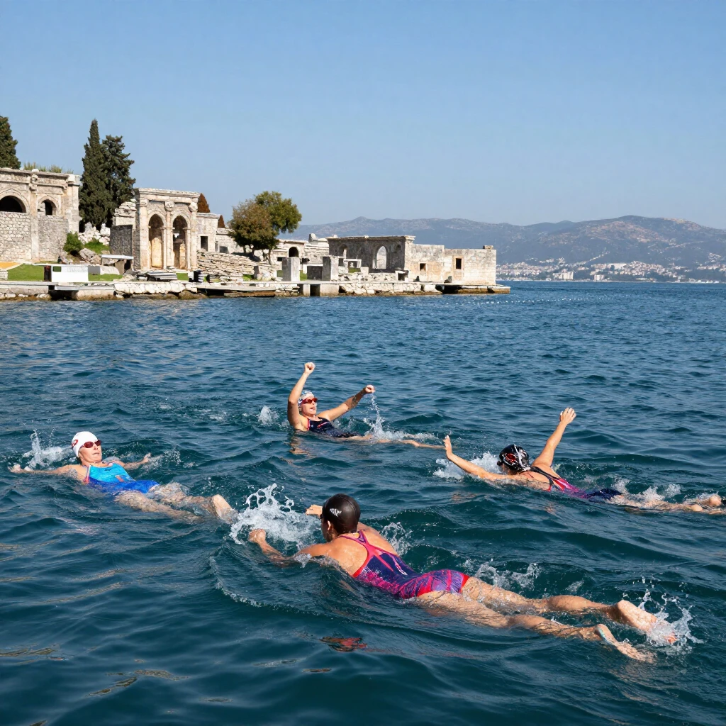 Çanakkale'nin tarihi mekanları yakınında su sporları yapan kadın sporcular