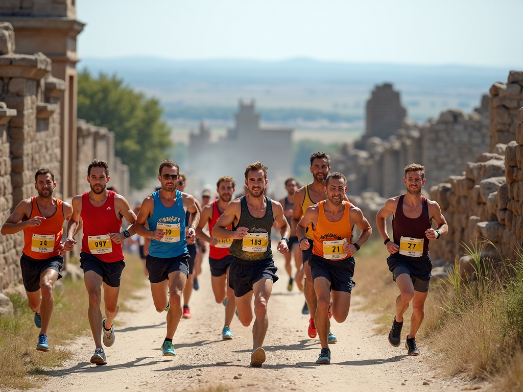 Troia Festivali sırasında tarihi Troia kalıntıları önünde maraton yarışına katılan sporcular.
