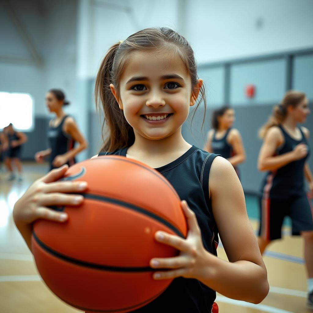Çanakkale’de bir spor kulübünde basketbol topu tutan kendinden emin gülümseyen genç bir kız, arka planda spor salonu.