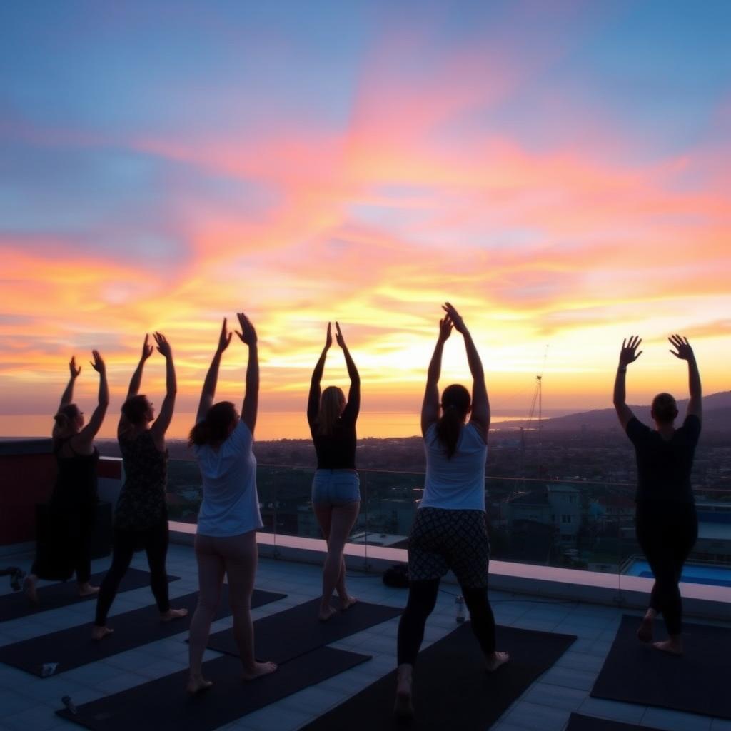 Çanakkale’de bir çatı katında yoga yapan kadınlar, arka planda Çanakkale Boğazı ve gün batımında canlı turuncu ve pembe gökyüzü.