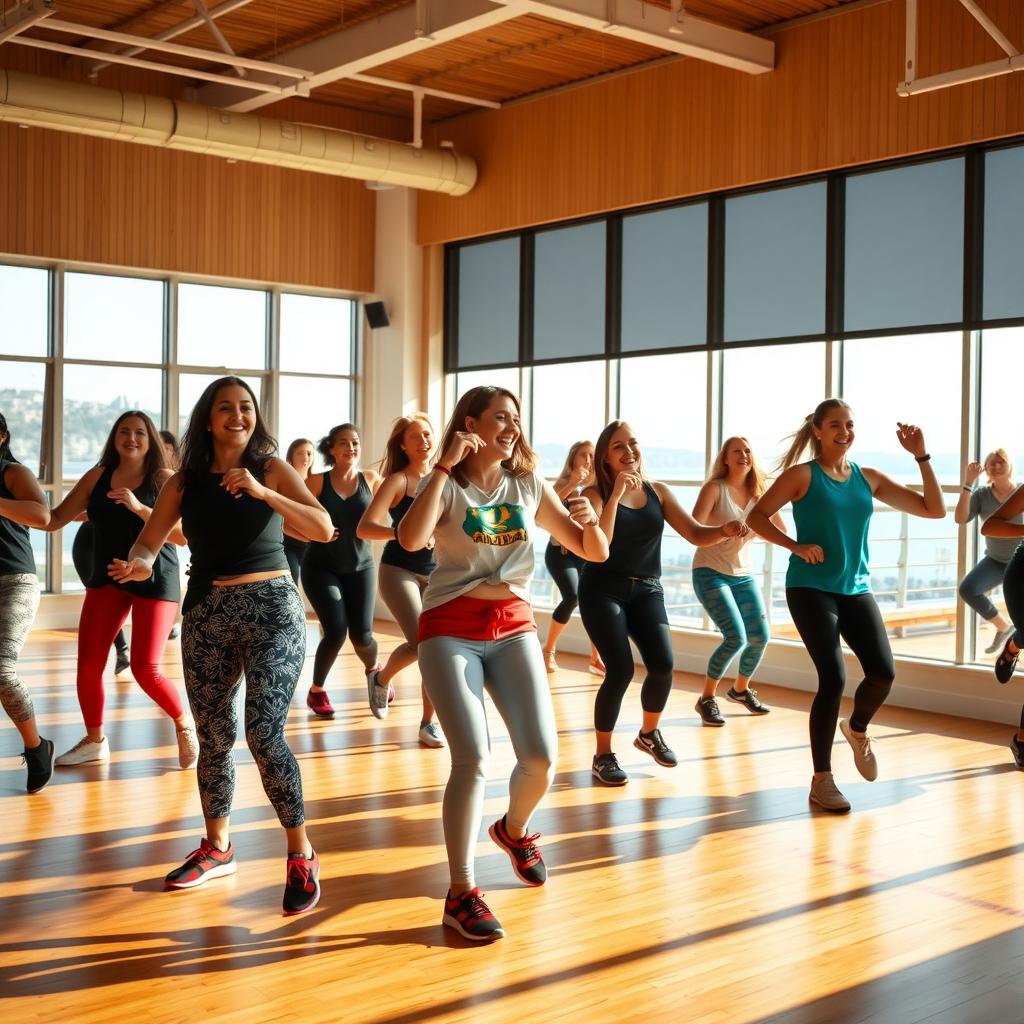 Çanakkale’de bir spor salonunda Zumba dersi yapan neşeli genç kızlar.