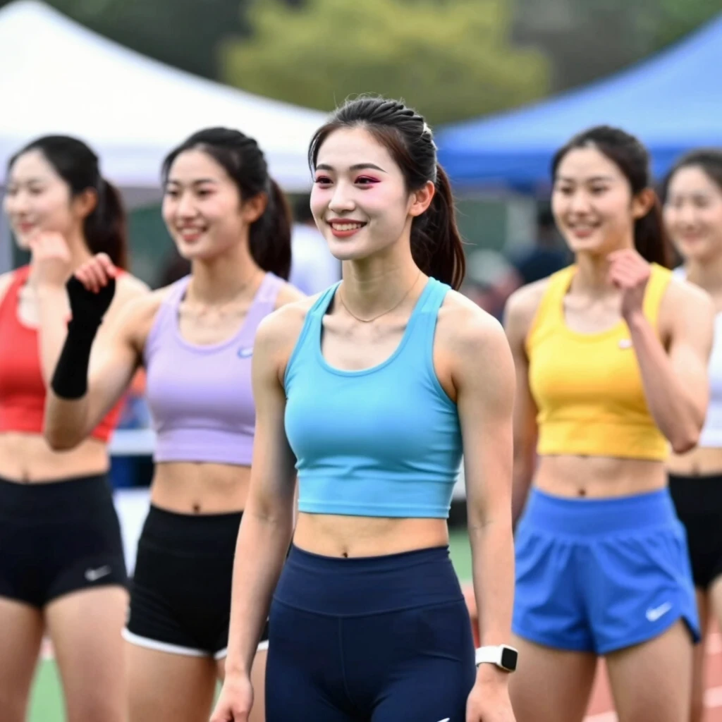 Makyajlı genç kadın sporcular spor etkinliğinde gülümseyerek poz veriyor