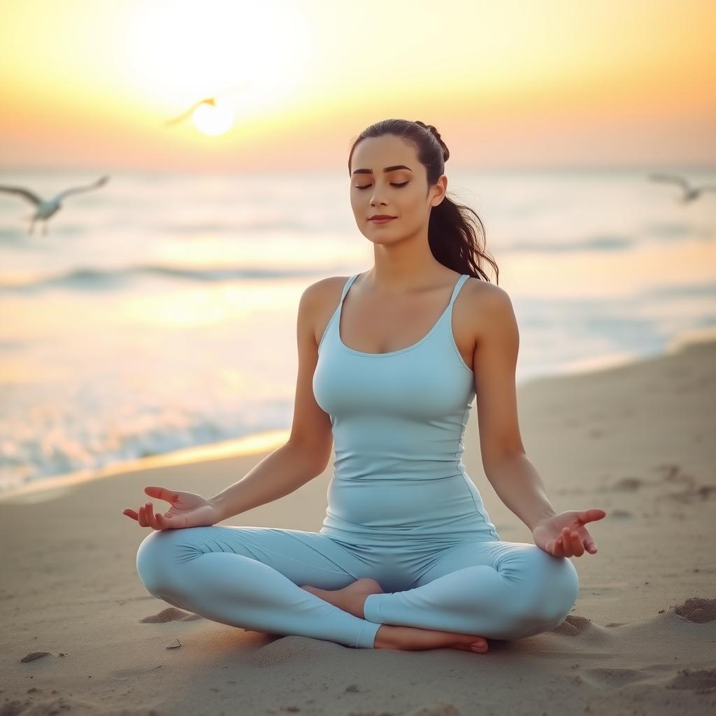 Çanakkale sahilinde gün doğumunda meditasyon yapan genç bir kadın, hafif dalgalar ve martılar eşliğinde.