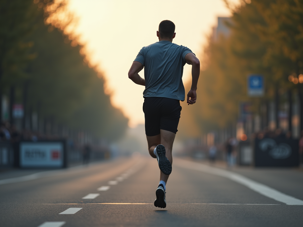 Hareket halindeki bir koşucuyu bulanık bir arka plan önünde yakalayan yüksek kontrastlı bir spor fotoğrafı.