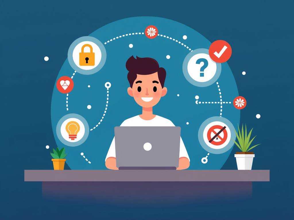 VPN ile güvenli bir şekilde internette gezinen mutlu bir kişi, gizlilik, güvenlik ve sınırsız erişim gibi avantajları simgeleyen ikonlarla.