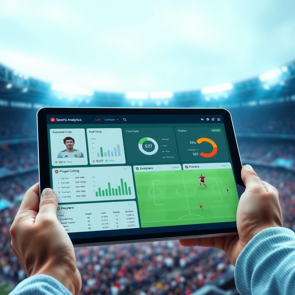 Bir tablette, bir futbol maçının 3D görselleştirmeleri ve detaylı oyuncu istatistiklerini gösteren fütüristik bir spor analitiği kontrol paneli, arka planda stadyum kalabalığı ile.