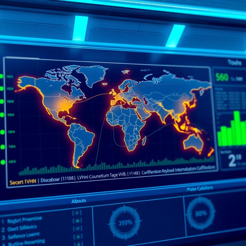 Dünya haritası üzerinde güvenli VPN bağlantılarını gösteren dijital bir kontrol paneli.