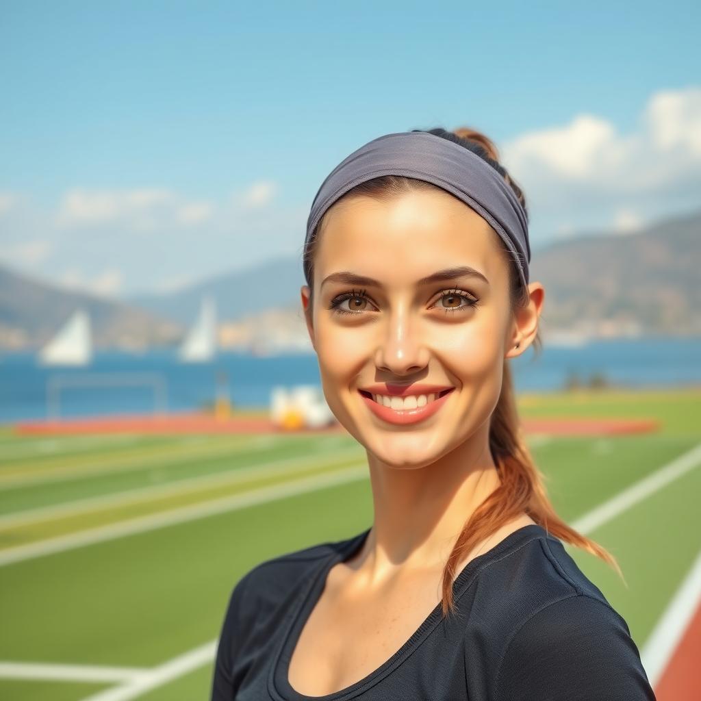 Çanakkale’de spor sahasında duran, doğal makyajlı, kendinden emin bir genç kadın sporcu.