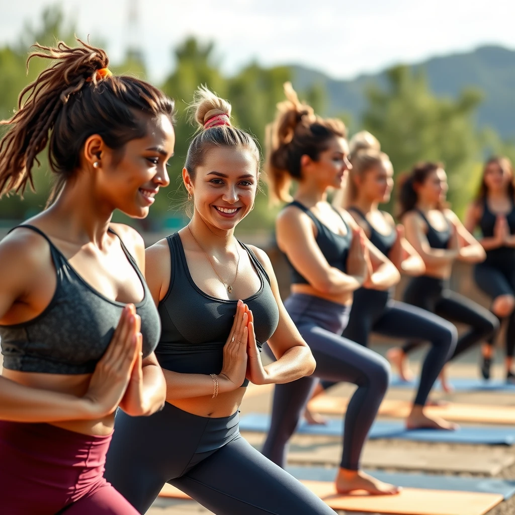 Doğal makyajlı, spor kıyafetli güzel genç kadınlar açık havada yoga yapıyor