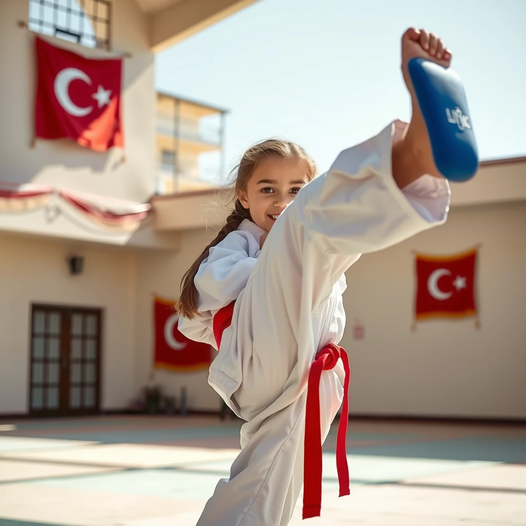Taekwondo antrenmanında yüksek tekme atan genç kız