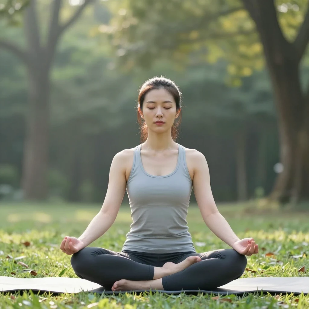 Genç bir kız huzurlu bir ortamda yoga yaparken, sporun mental sağlık üzerindeki sakinleştirici etkisi