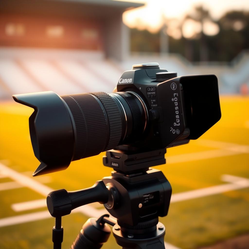 Bir spor sahasında gün batımında tripod üzerine yerleştirilmiş, 70-200mm telefoto lens takılı profesyonel bir kamera yakın çekimi.