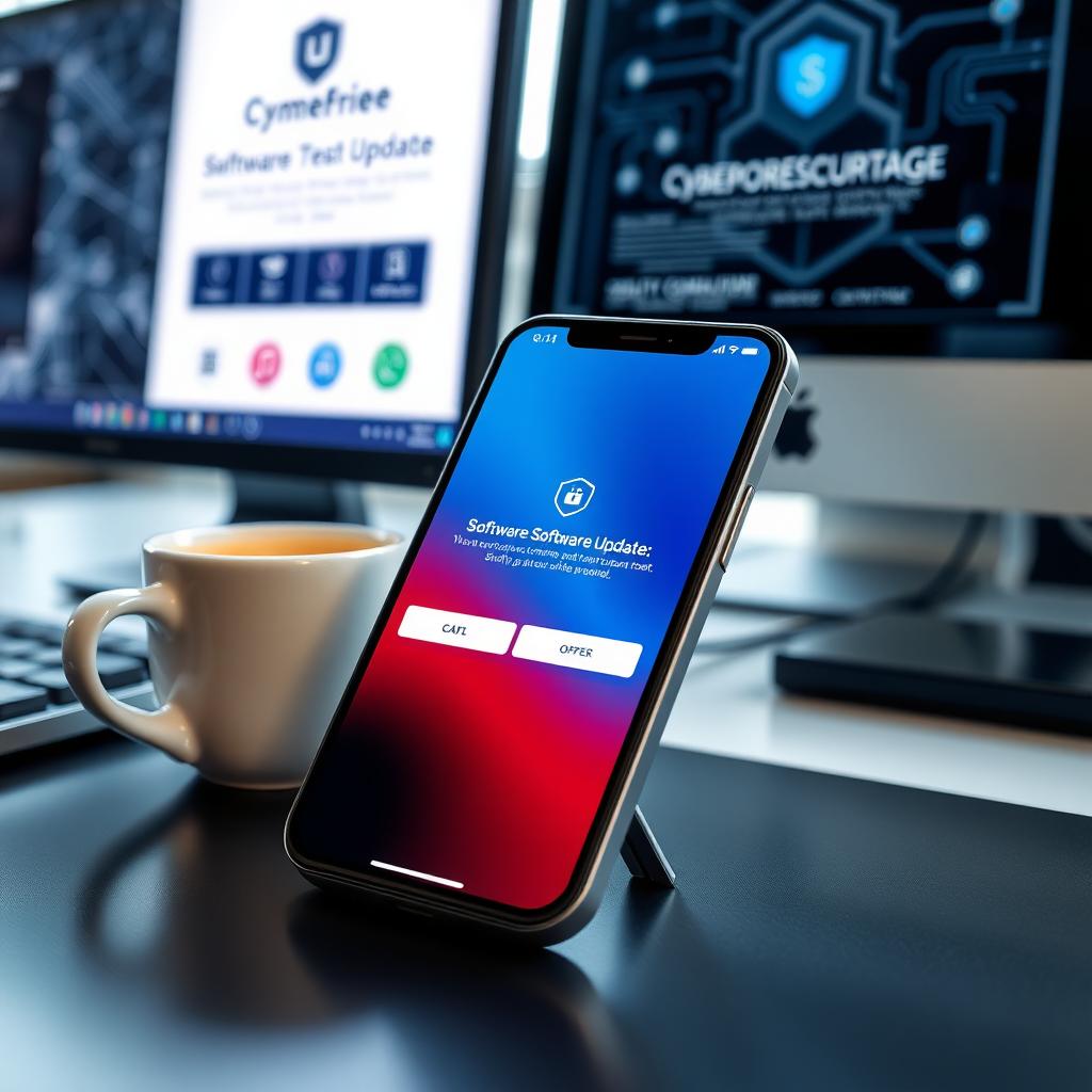 Yazılım güncelleme bildirimi gösteren bir akıllı telefon, modern bir çalışma masasında kahve fincanının yanında duruyor.