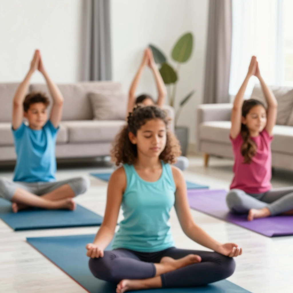 Oturma odasında yoga yapan gençler ve aileleri, rahat ve bağlı