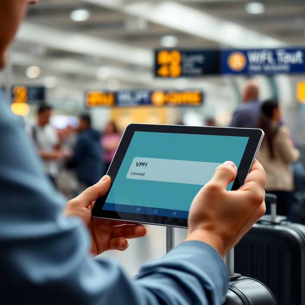 Havalimanı bekleme salonunda bir kişi, tabletinde VPN uygulamasını kullanıyor.