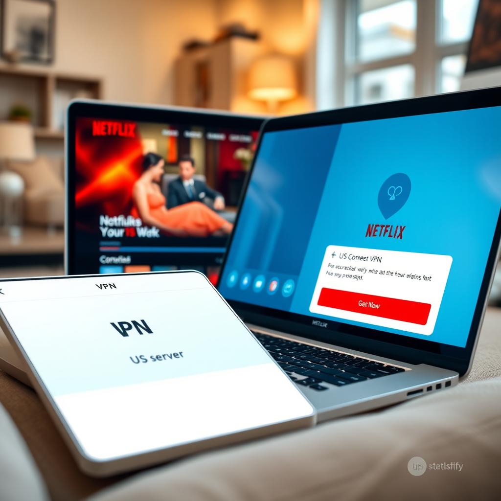 Bir dizüstü bilgisayarda Netflix’te bir dizi oynatılıyor, ön planda bir VPN uygulaması ABD sunucusuna bağlı olduğunu gösteriyor, arka planda rahat bir oturma odası var.