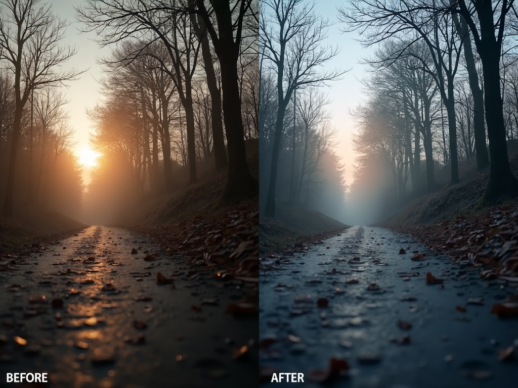Renk derecelendirmesi uygulanarak havası geliştirilen bir fotoğrafın öncesi ve sonrası karşılaştırması.