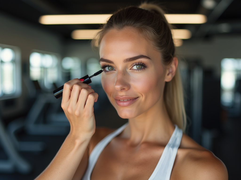 Spor salonunda su geçirmez maskara uygulayan kadın