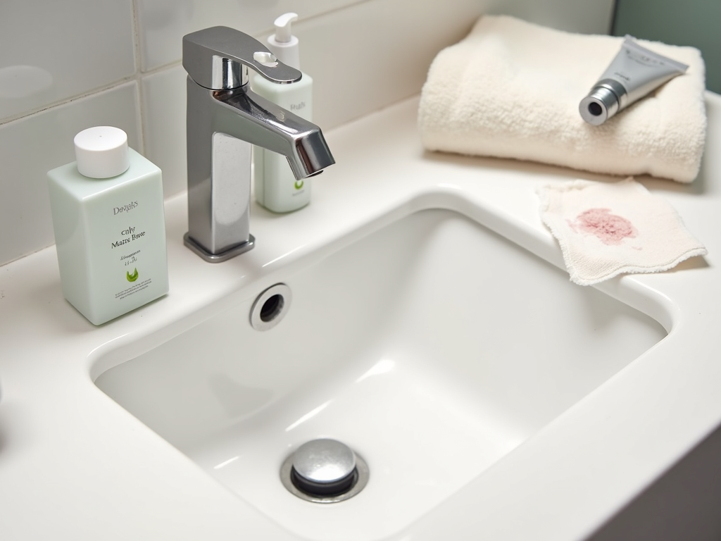 Banyo lavabosunda bir micellar su şişesi, makyaj kalıntılı pamuk ped ve hafif bir nemlendirici tüp, yanında düzgün katlanmış bir spor havlusu duruyor.