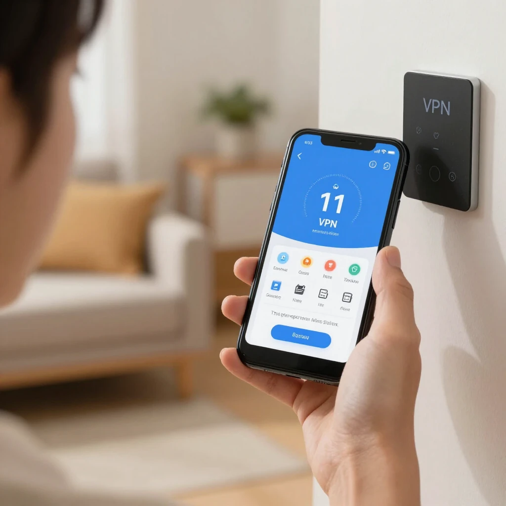 Rahat oturma odasında akıllı telefonla VPN üzerinden güvenli akıllı ev kontrolü yapan kişi