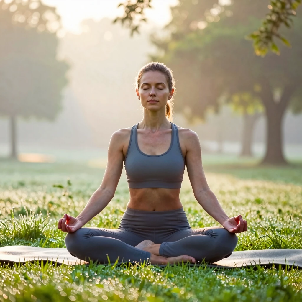 Gün doğumu parkında meditasyon yapan koşucu kadın
