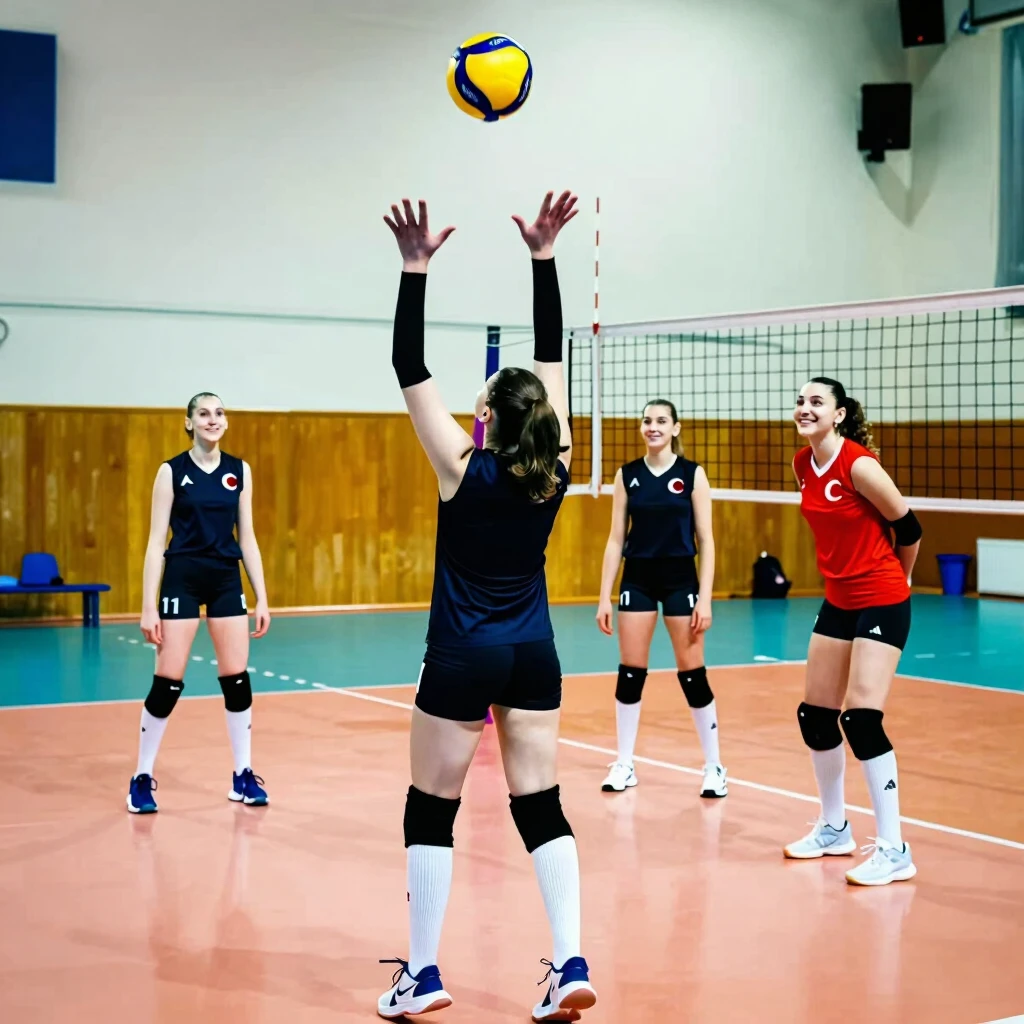 Spor salonunda antrenman yapan genç Türk kızları, voleybol ve atletizm egzersizleri yaparken birbirlerini motive ediyor