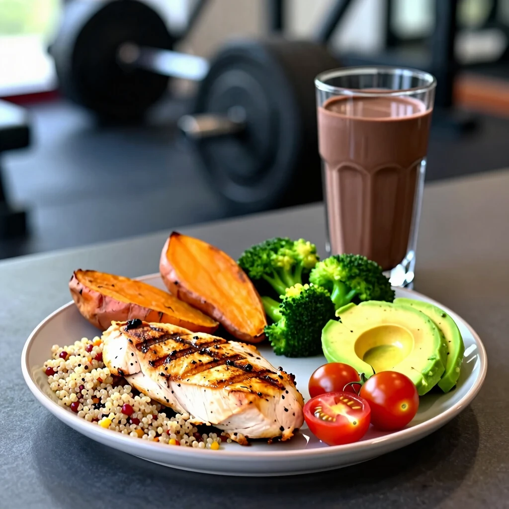 Spor sonrası kas onarımı için ideal beslenme tabağı: ızgara tavuk, kinoa, tatlı patates, brokoli ve protein shake