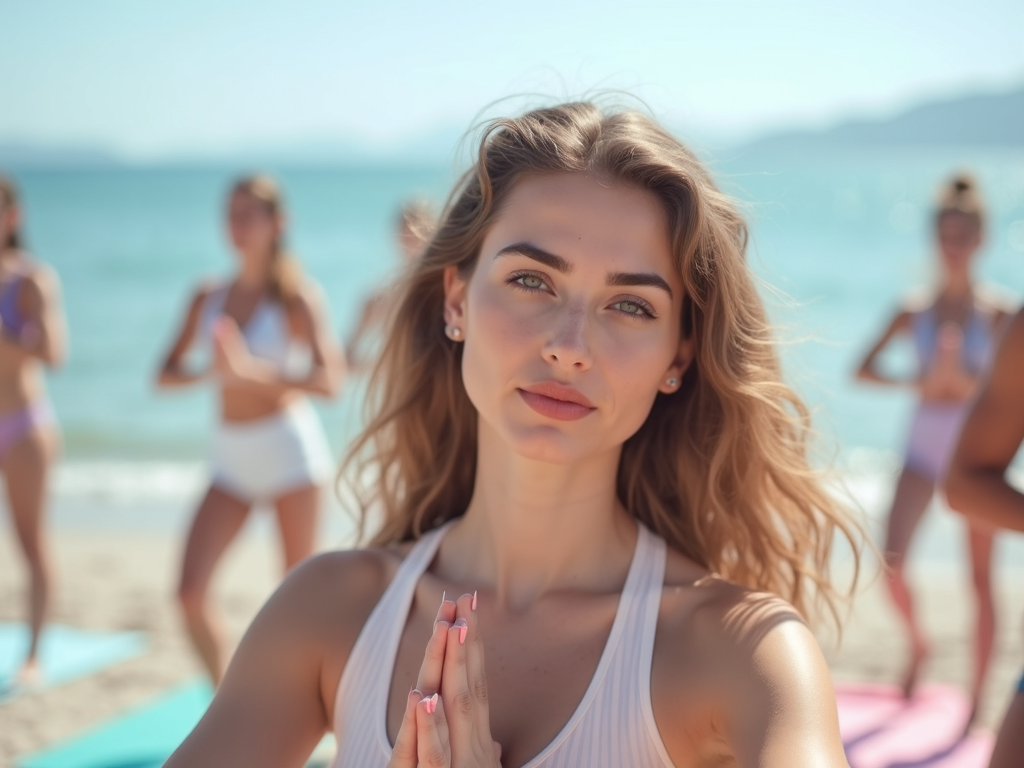 Çanakkale’de sahilde yoga yapan bir grup genç kadın, pastel renkli şık spor kıyafetler giymiş, renkli dudak balmı ve belirgin kaşlarla minimal makyaj yapmış, arka planda deniz görünüyor.