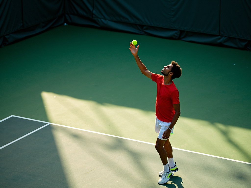 Bir tenis oyuncusu, parlak güneş ışığı altında servis atarken, kortta dinamik gölgeler oluşturuyor.