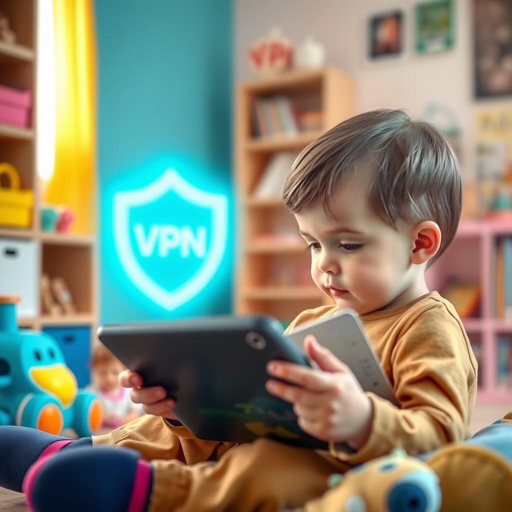 Bir çocuk, renkli ve güvenli bir odada tablet kullanıyor; arka planda VPN logosu, çevrimiçi korumayı simgeliyor.