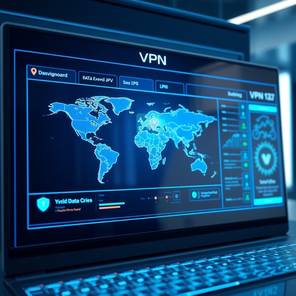Mavi holografik öğelerle dolu, şifreli veri bağlantılarını gösteren bir dünya haritası içeren fütüristik bir VPN arayüzü.