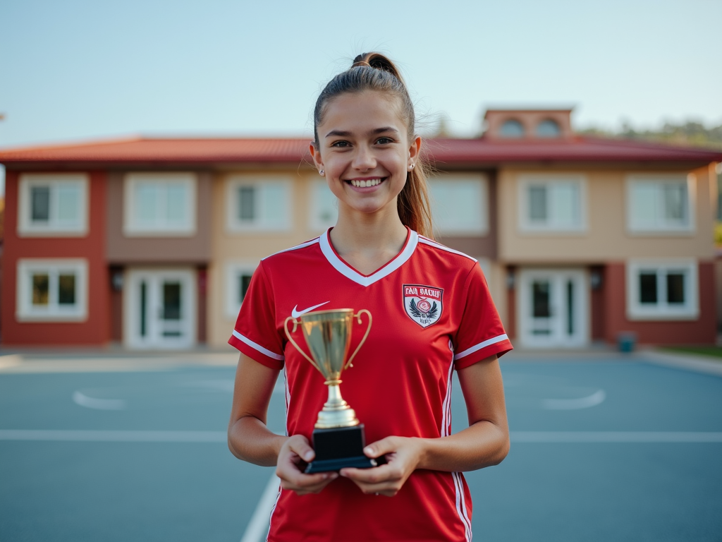 Çanakkale’de spor kompleksinin önünde kupa tutan genç bir kadın, gururlu bir ifadeyle.