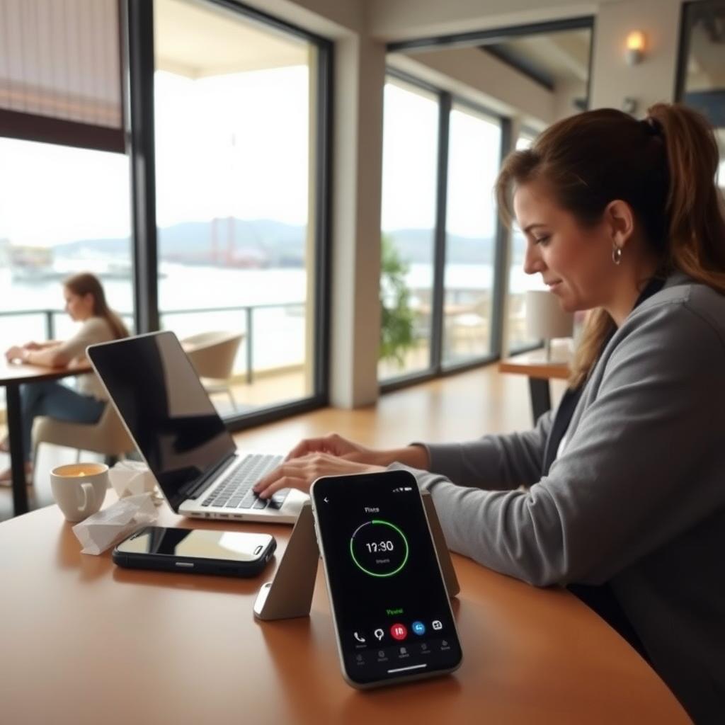 Çanakkale’deki bir kafede laptop ve fitness uygulamasıyla çalışan bir kadın.