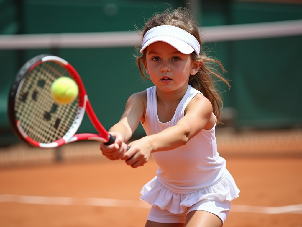 Tenis kıyafeti giymiş genç bir kız, raketiyle topa vururken odaklanmış bir ifadeyle.