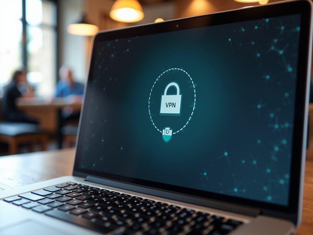 Kafe ortamında VPN kullanan bir dizüstü bilgisayar