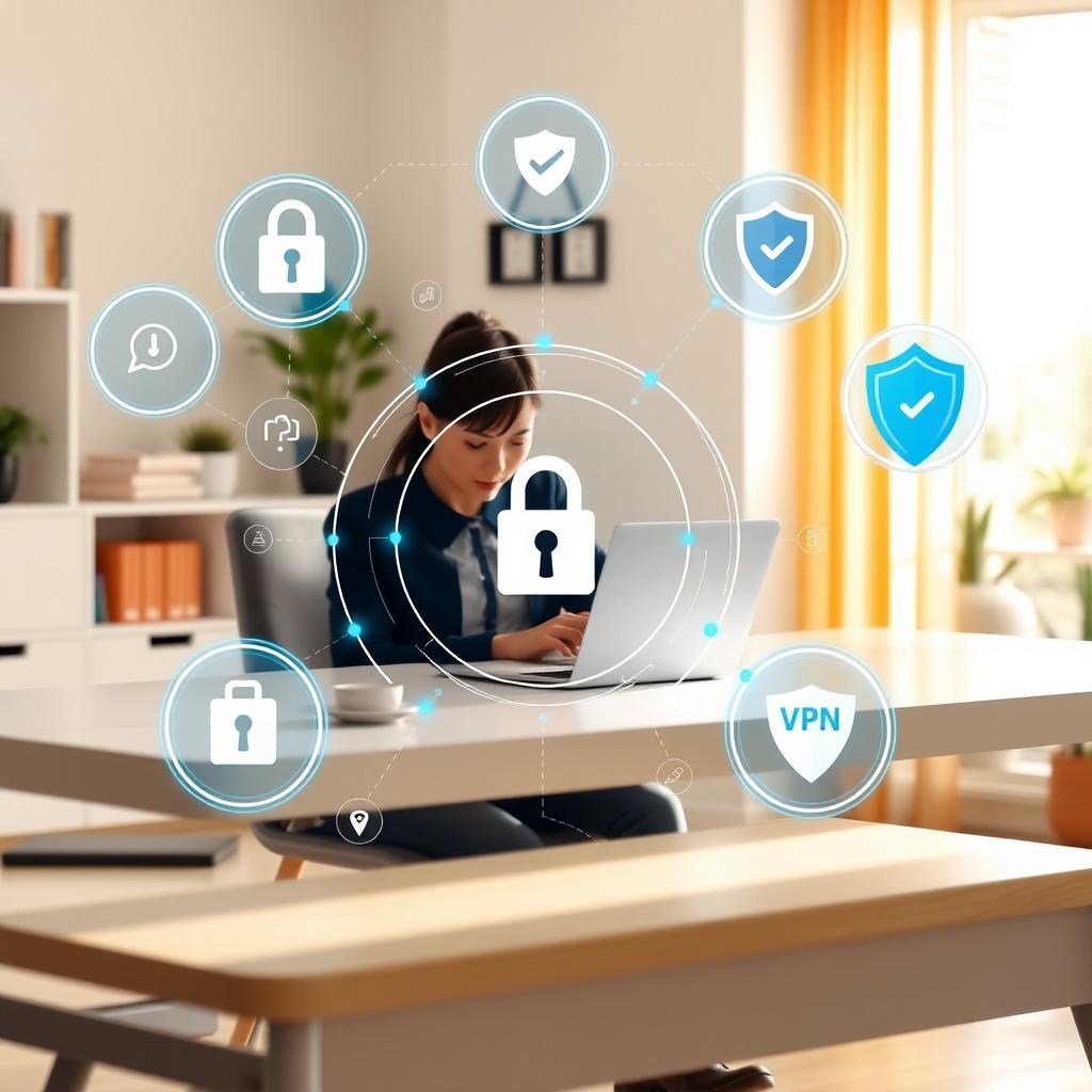 Modern bir masada dizüstü bilgisayarıyla çalışan bir kişi, çevresinde kilit, kalkan ve VPN logosu gibi siber güvenlik simgeleriyle çevrili.