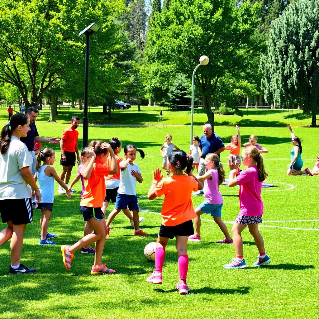 Türkiye’de bir yaz spor kampında futbol, basketbol ve yoga yapan gençler, renkli bir atmosferde.