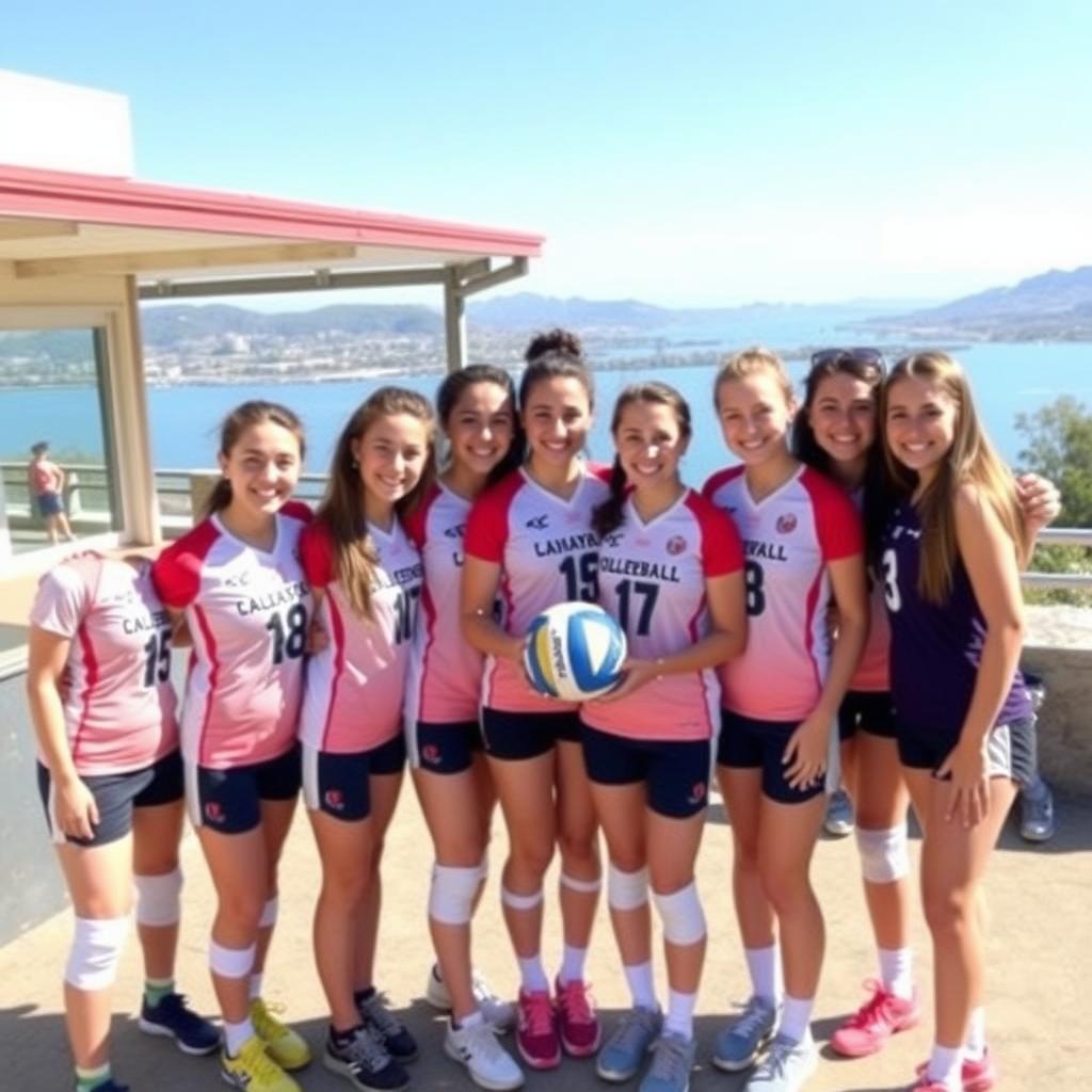 Çanakkale’den genç kadın voleybol oyuncuları, spor tesisinin önünde takım formalarıyla gülümseyerek poz veriyor, arka planda Çanakkale Boğazı manzarası.