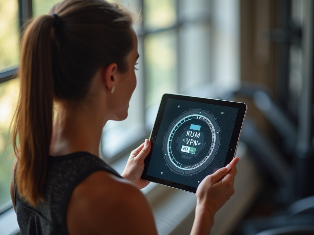 Bir tablet kullanarak antrenman videosu izleyen ve ekranında VPN simgesi görünen bir kadın sporcu.
