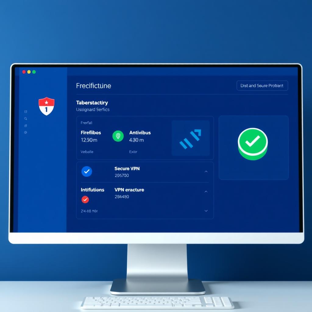 Bir bilgisayar ekranında güvenli bir dijital kontrol paneli, güvenlik duvarı durumu, antivirüs güncellemeleri ve VPN bağlantısını gösteriyor.