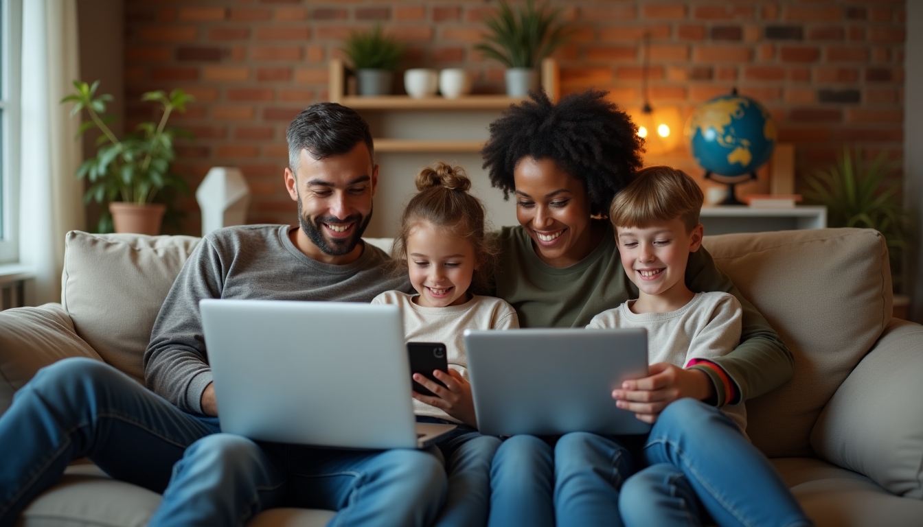 Aile oturma odasında farklı cihazlarla VPN kullanıyor, arka planda dünya modeli var.