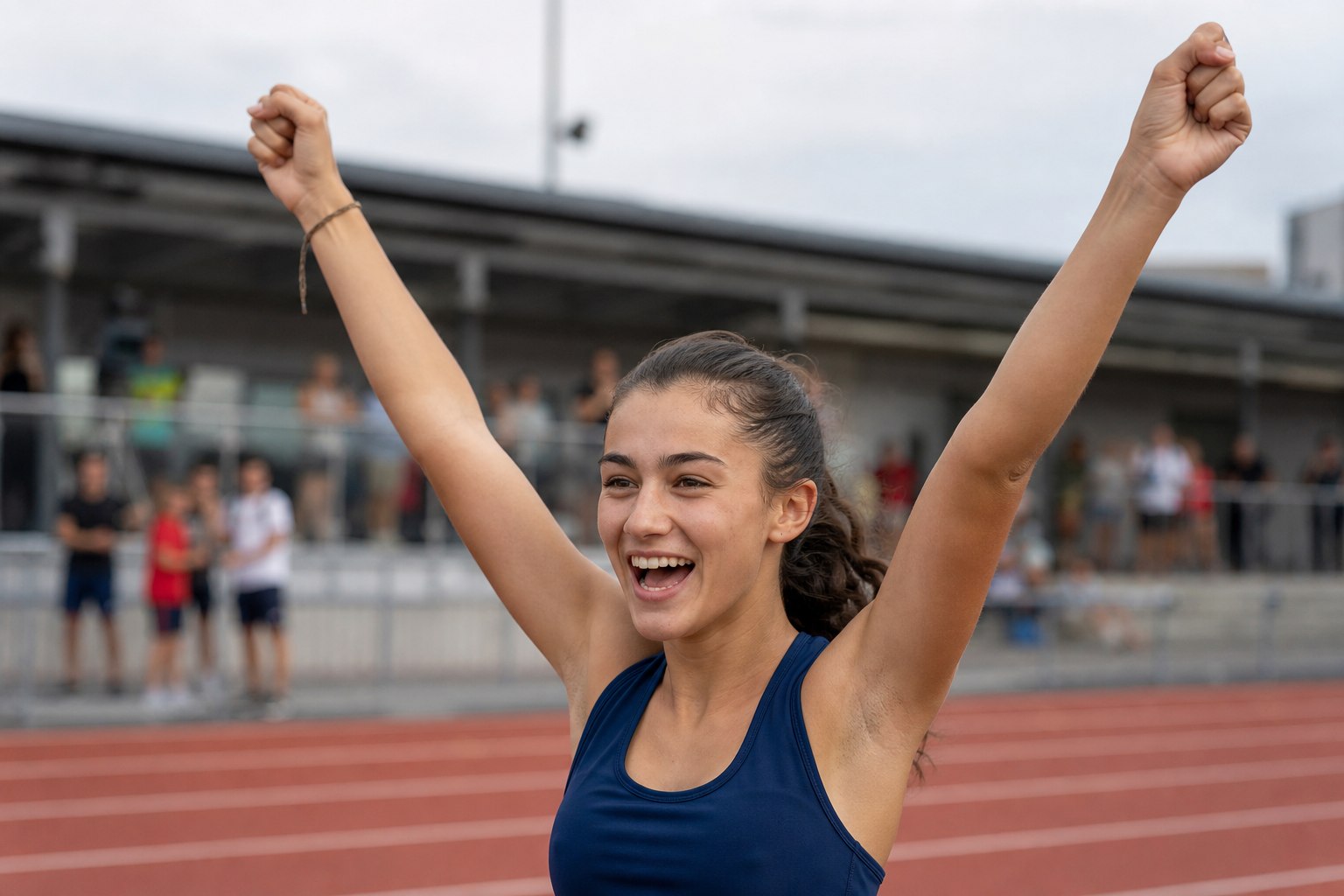 Genç sporcu kız bir koşu sonrası kutlama yapıyor