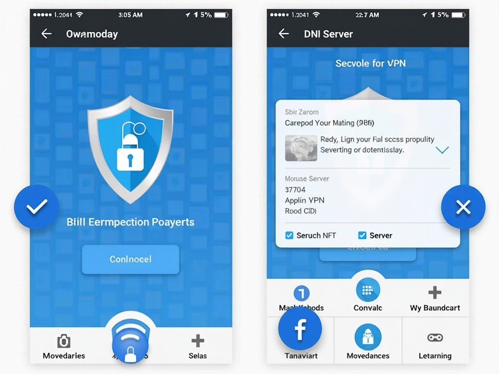Bir akıllı telefon veya dizüstü bilgisayarda VPN uygulama arayüzünün ekran görüntüsü, sunucu seçimi ve bağlantı durumu gibi özellikleri vurguluyor.