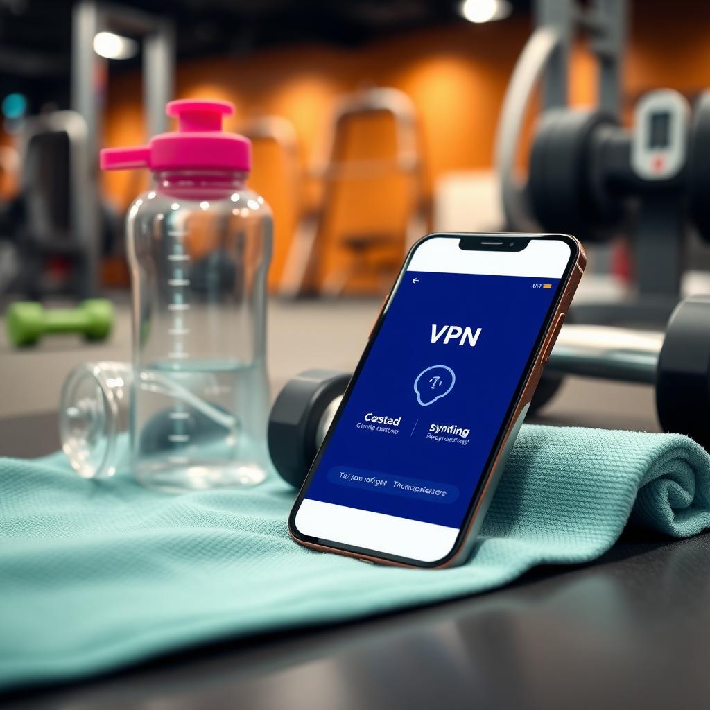 Bir akıllı telefon ekranında VPN uygulaması arayüzü, spor havlusu, su şişesi ve dambılların yanında. Arka planda modern spor salonu ekipmanları.