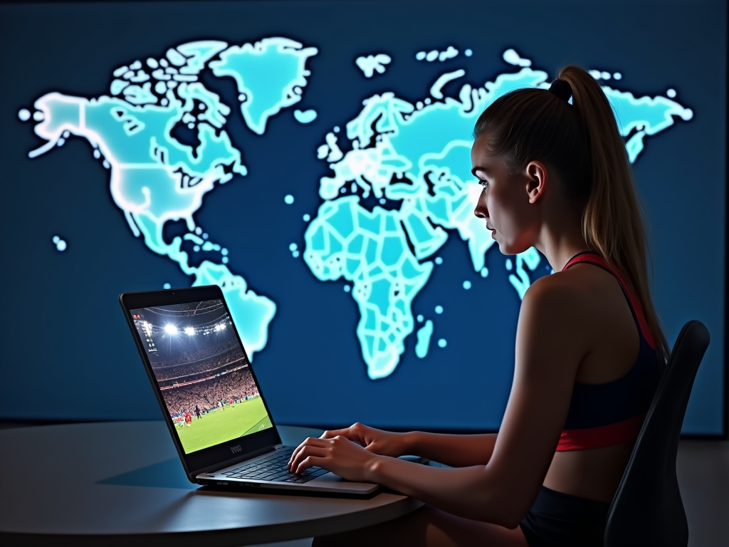 Bir kadın sporcunun, VPN kullanarak dizüstü bilgisayarında bir spor etkinliğini izlediği, arka planda dünya haritası ile küresel erişimi belirten bir sahne.