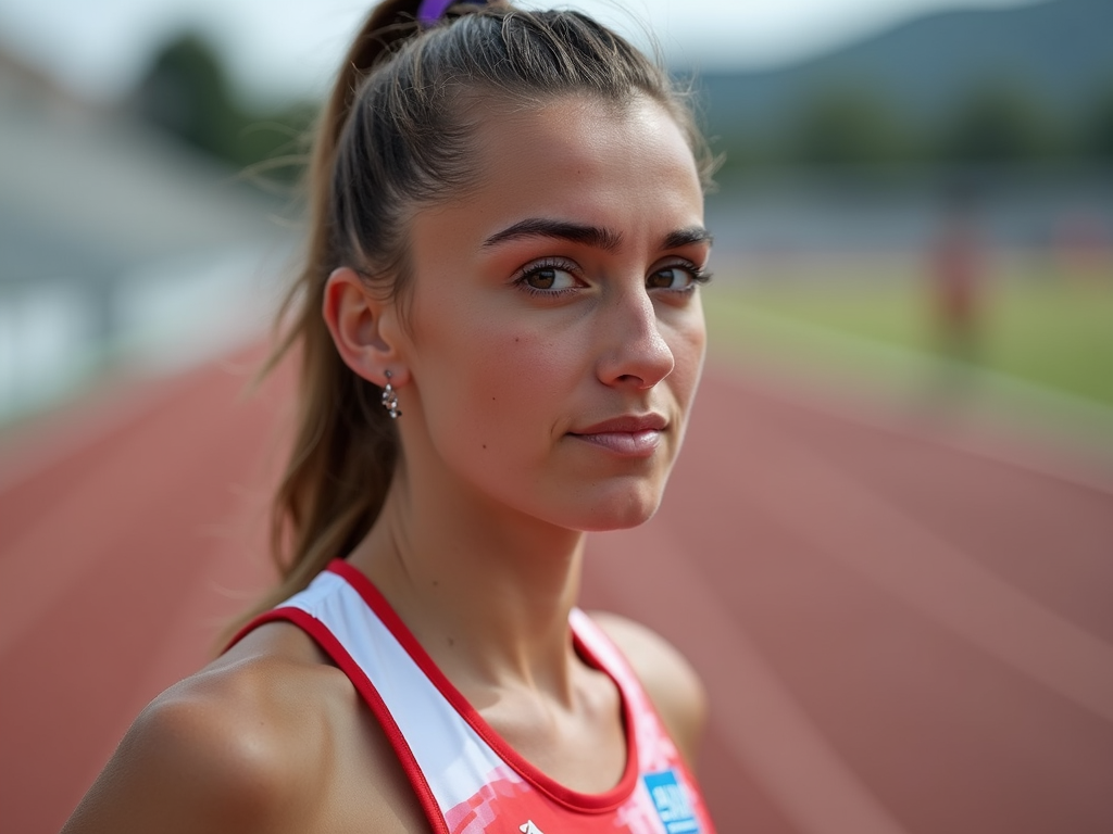 Kendine güvenen bir sporcu kız, yarışa hazır.