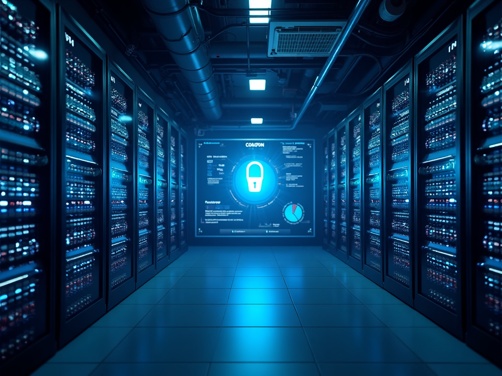 Parlayan ışıklar ve yapay zeka destekli güvenlik paneliyle bir VPN sunucu odası.