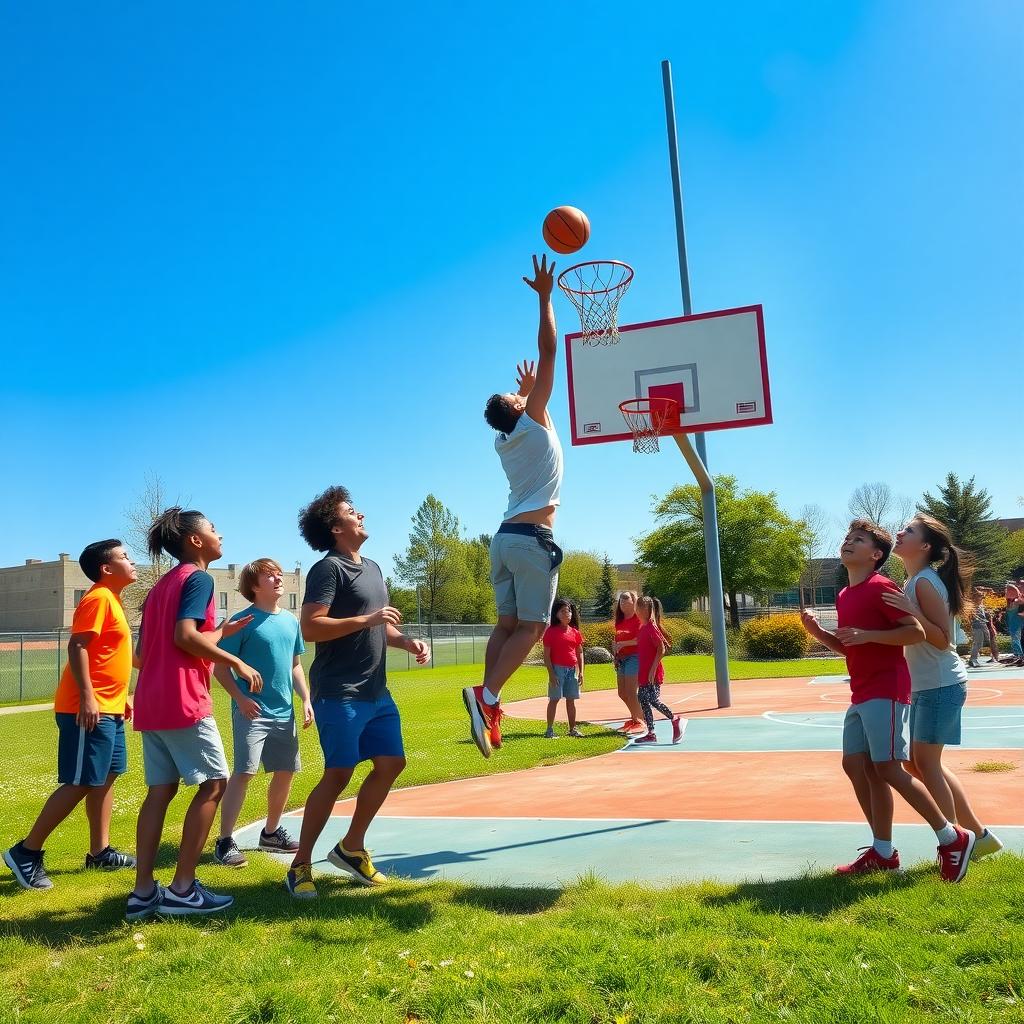 Bir grup gencin güneşli bir basketbol sahasında oynadığı canlı bir açık hava sahnesi, bir oyuncu topu smaç yaparken havada, etrafında tezahürat yapan takım arkadaşları.
